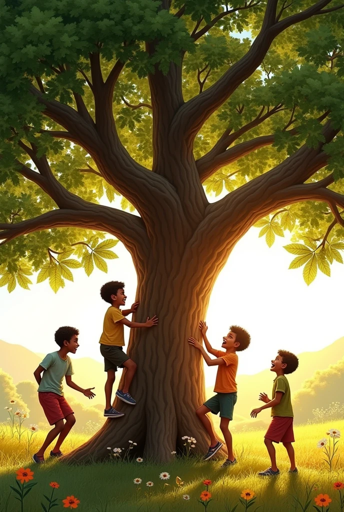 Photos of a tamarind tree with 3 boys and 1
