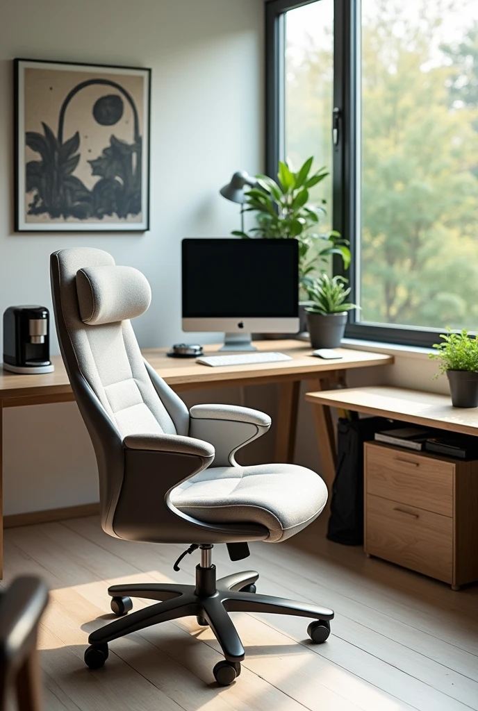 a padded office chair with a place attached to it for papers with a computer screen attached to the chair, with a massager, with a compartment for a bag, along with a fan on the headrest of the chair, with a coat rack and a coffee maker and a printer