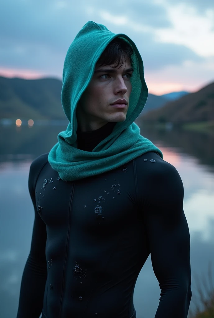 A man in a black bodysuit, wearing a teal hood shaped like Lake Biwa..