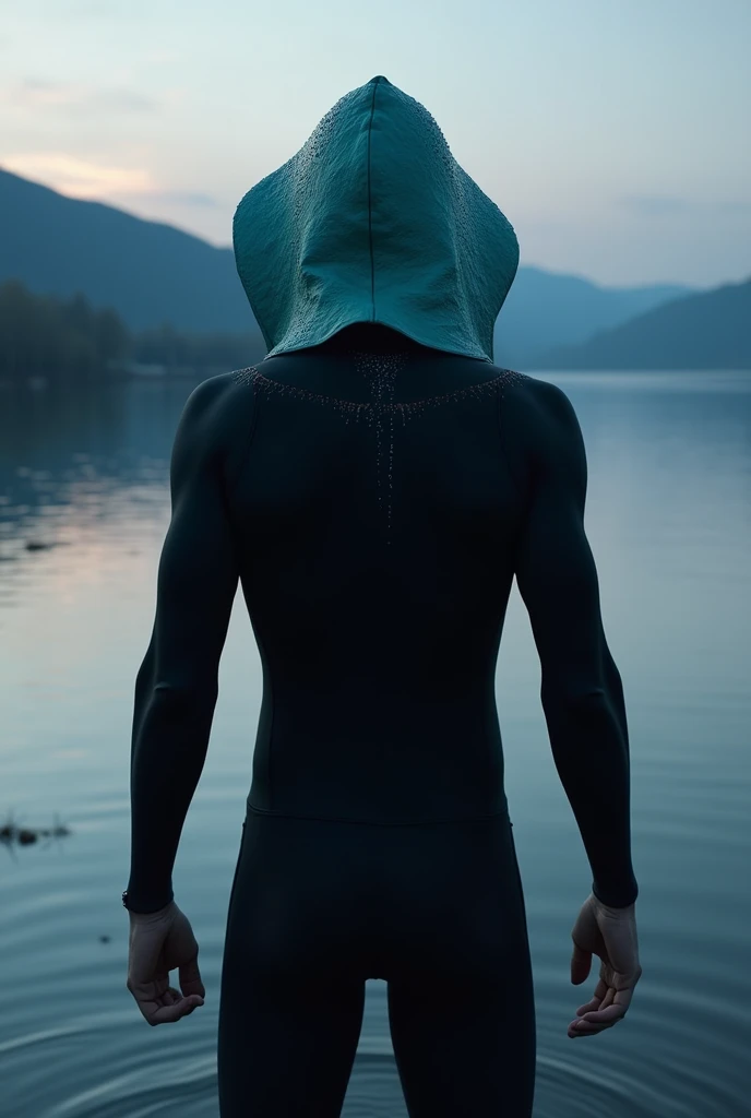 A man in a black bodysuit, wearing a teal hood shaped like Lake Biwa..