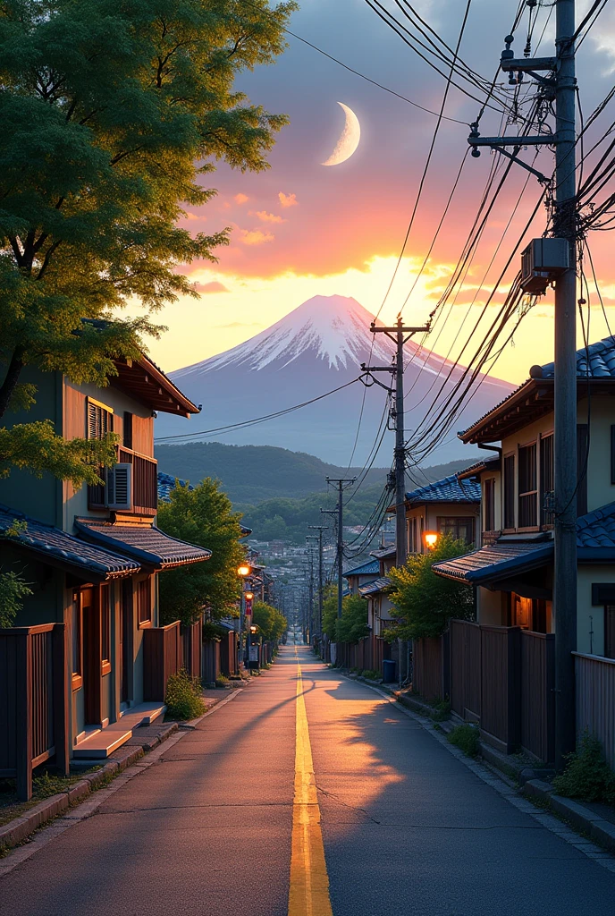 view of a small street in a residential area with a backdrop of mountains, possibly Mount Fuji, in an argument. The atmosphere in this picture gives a calm and beautiful impression, like at sunset with the sky filled with warm colors, such as orange, pink and purple. In the sky, there was a thin crescent moon and the sun was almost sinking behind the mountains. The fading sunlight casts long shadows on the cracked road and elongated yellow lines, adding to the nostalgic and peaceful atmosphere. The lush trees and traditional Japanese houses on the left and right of the road look earthy and natural, with green leaves still catching the last rays of sunlight. Electrical cables crisscrossing the sky add detailed realism, creating a simple yet serene atmosphere.