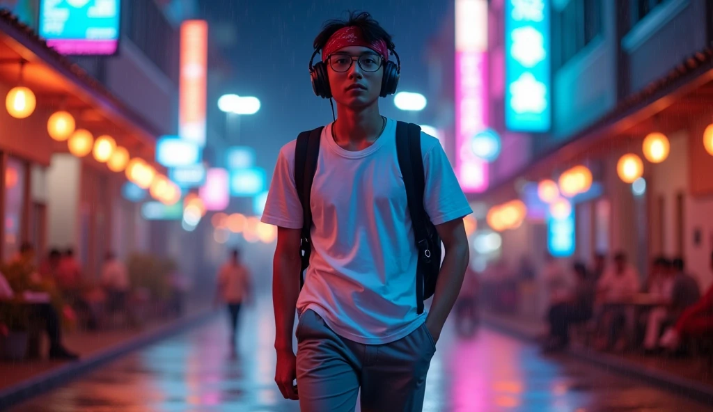 Hyper realistic, a 18 year old Indonesia man walking on the neon cyberpunk street, ideal body, look straight ahead, wearing Indonesian high school white uniform shirt and Indonesian high school grey uniform pants and black hiking hi-shoes with dark red bandana on head, wear dark leather backpack, wear headphone, masculine photoshoot pose, arrogant man expression, romantic, drizzling, Bandung night town as background. Use soft photography lighting. top lighting. top lighting, slide lighting, high quality photos, UHD, 64k. shot with Canon EOS 5D Mark IV, cinematic portrait, Realistic face, not changing face, no mustache, Real photo, unchanging face, background change. Real Picture 8k ultra, hyper detailed, sharp focus, studio photo, intricate details, highly detailed, photo real, bright colors, digital graphics, unreal engine, blender art, perfect composition, octane rendering, masterpiece, sharp focus, high detail, art station, concept art, perfect composition, a model of ultra-high quality and clarity, perfect play of light and shadow, 32k UHD, hyper-detailing, complex artistic masterpiece, ((best quality)), ((masterpiece)), (detailed), perfect face