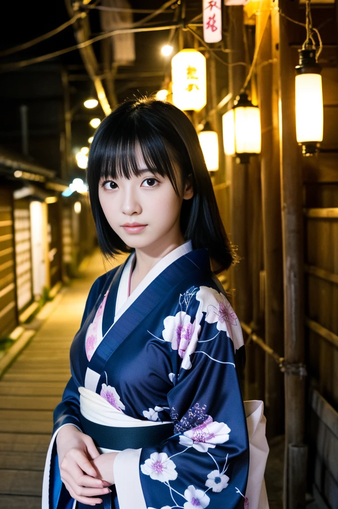 (kimono)、(((Highest quality、masterpiece、Very detailedな画像,Very high resolution))),(Realistic:1.5,RAW shooting,)超Realisticなキャプチャ,Very detailed,Human skin reproduction with 16K resolution、The skin texture is natural、Beautiful Skin、Beautiful colors.、Use natural light and color、1 adult female:24-years-old、Japanese、Beautiful woman、Beautiful black hair、(chromatic aberration) 、Overview lighting、Natural Shading)、(Kyoto、at night、Outdoor lighting)、(It&#39;s snowing:1.2)、(Hair swaying in the wind:1.2)、(Reflective Snow:1.2)