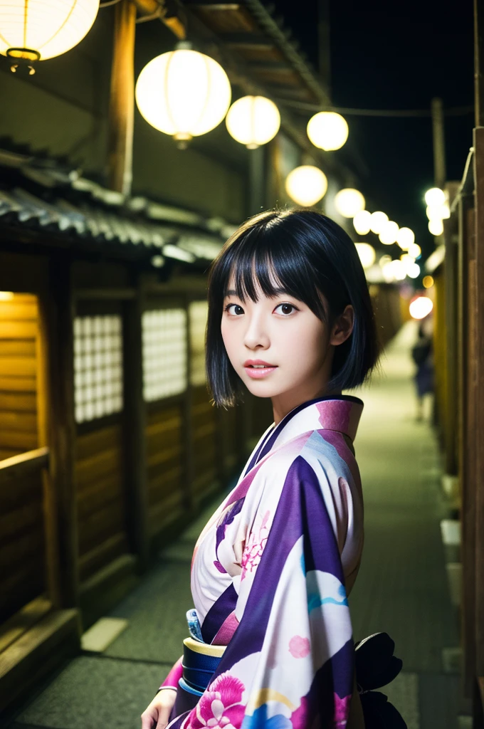 (kimono)、(((Highest quality、masterpiece、Very detailedな画像,Very high resolution))),(Realistic:1.5,RAW shooting,)超Realisticなキャプチャ,Very detailed,Human skin reproduction with 16K resolution、The skin texture is natural、Beautiful Skin、Beautiful colors.、Use natural light and color、1 adult female:24-years-old、Japanese、Beautiful woman、Beautiful black hair、(chromatic aberration) 、Overview lighting、Natural Shading)、(Kyoto、at night、Outdoor lighting)、(It's snowing:1.2)、(Hair swaying in the wind:1.2)、(Reflective Snow:1.2)