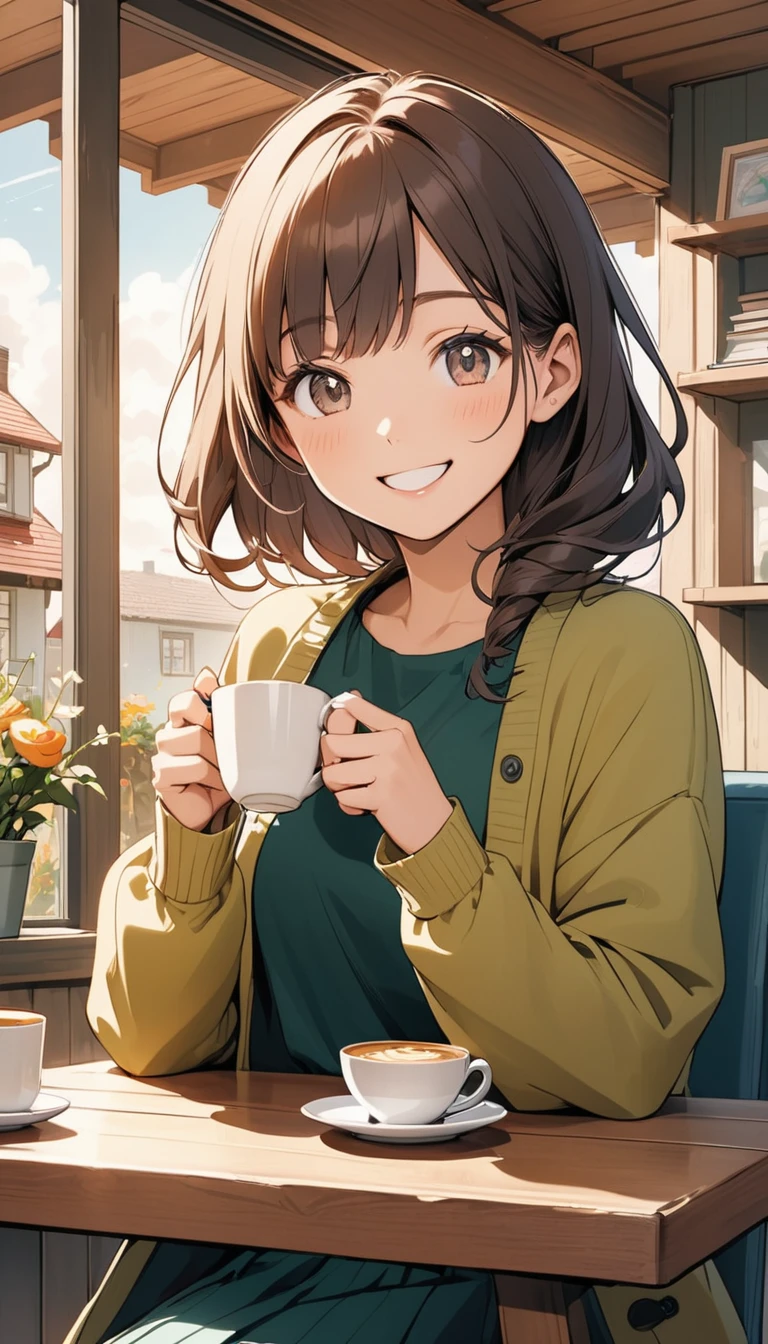 house, novel style, happy girl taking coffee