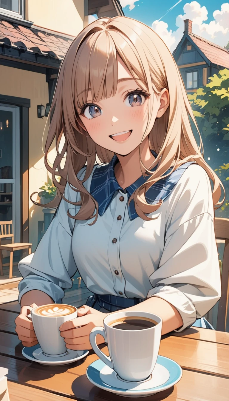 house, novel style, happy girl taking coffee