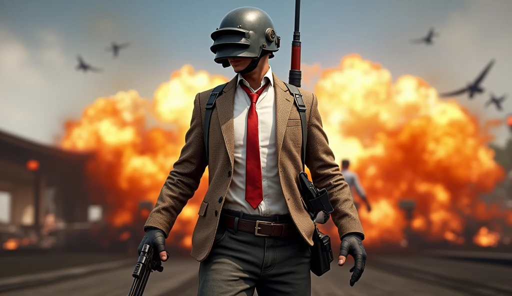 Mr. Bean, in his 2019 comedic style, is hilariously thrown into the intense battleground of PUBG. Dressed in his signature brown tweed jacket and red tie but fully equipped with mismatched military gear, including an oversized helmet and a frying pan strapped to his back, he stumbles awkwardly through the chaotic environment. The scene is filled with action as explosions go off in the background, and other players engage in fierce gunfights. Mr. Bean, however, fumbles with his weapon, accidentally drops grenades, and makes exaggerated facial expressions of confusion and panic. Amidst all the seriousness of the battle royale, his clumsy actions and quirky antics stand out, adding a comedic twist to the otherwise high-stakes, action-packed atmosphere. The scene blends humor with action, turning a battle zone into a comedic adventure
