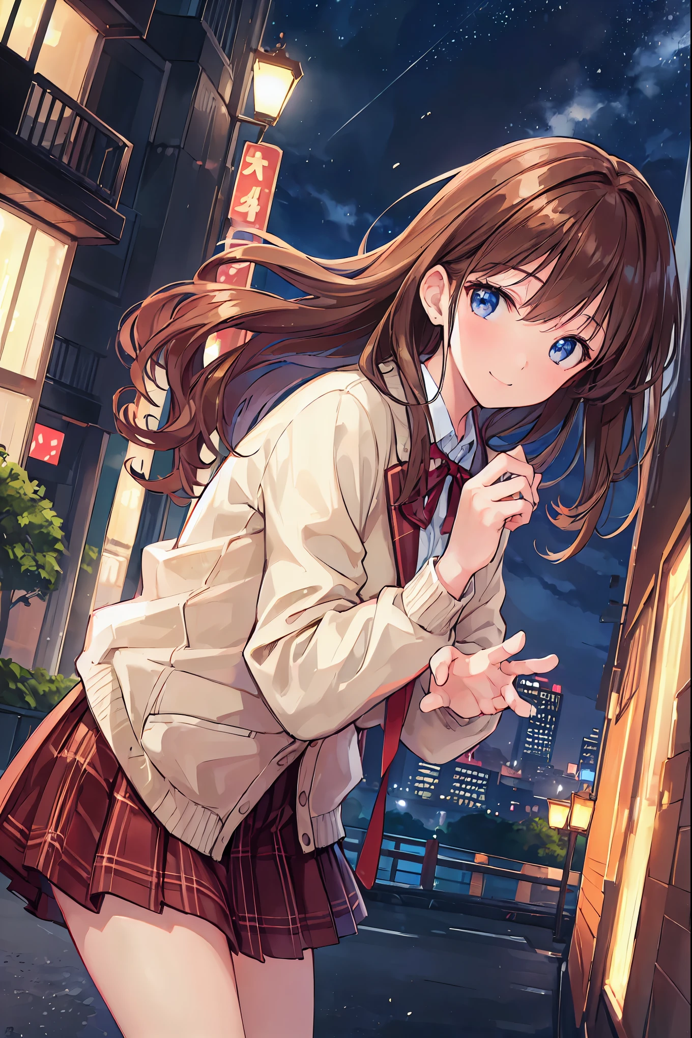 (Highest quality,masterpiece:1.3,Ultra-high resolution),(Very detailed,Caustics,8k),(Realistic:1.4,RAW shooting),18-year-old,Japanese,cute,I'm looking at the camera with a smile on my face,Blazer uniform,forward leaning posture,Waist up shot,(Face Focus:1.2),(Face close-up:1.2),(Low position:1.3),(Low Angle:1.4),Brown Hair,Shortcuts,Slender beauty,Messy Hair,Cityscape,Night view