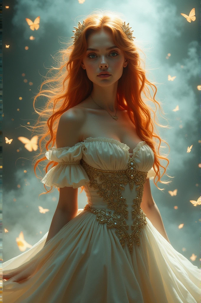(solo, full body photo:1.3), (action packed:1.3), (haze, fog, mist:1.3), chiaroscuro, best quality, photorealistic, 1woman, (cute), (24yo:1.2), redhead, long ginger hair highly detailed, 1700'S, digital photography, art by artgerm and ruan jia and greg rutkowski surreal painting gold butterfly filigree, broken glass, (masterpiece, sidelighting, finely detailed Fashionable eyes: 1.2) (perfect oval large eyes that gazes at the viewer), beautiful detailed face, blue gorgeous perfect eyes, (blonde hair ponytail), (attractive young woman:1.3), (thick amazing hair), (seductive:1.1), (blushing:1.1)