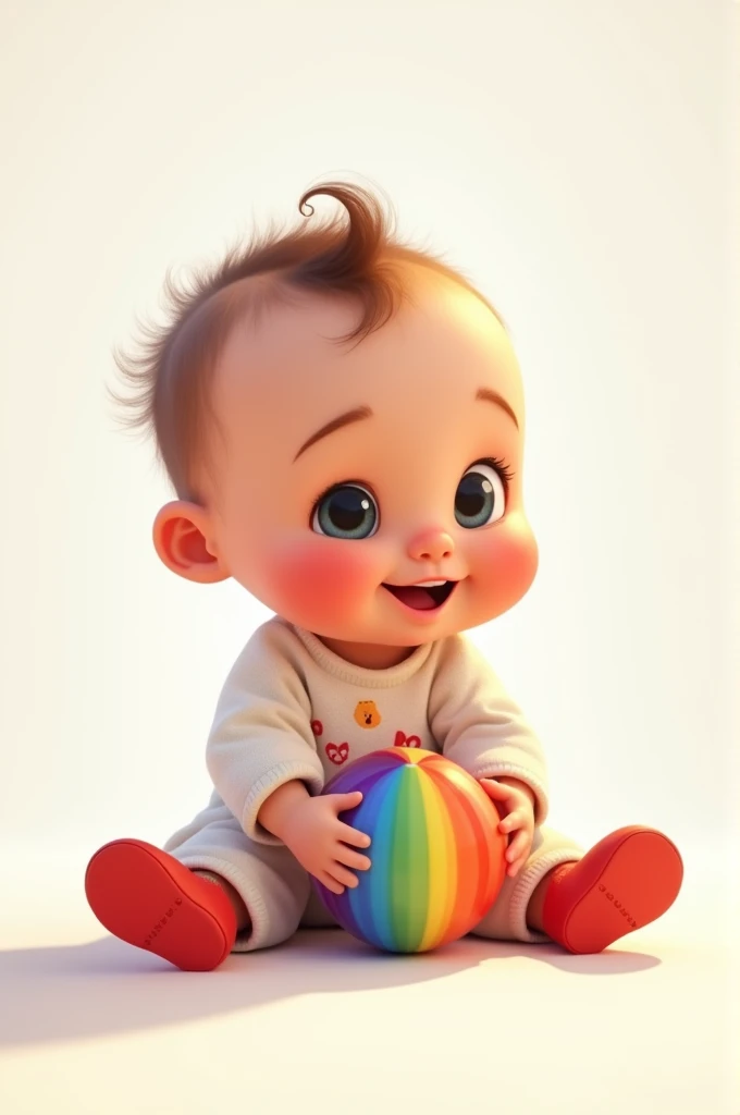 Cute baby sitting holding a ball , white outfit with red shoes, style poxar white image background