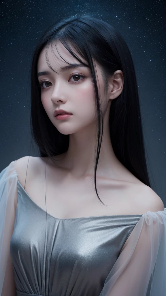 Delicate and dainty young woman with shiny black hair . She is wearing bright grey. The background is a fantastic and ethereal night sky that seems to be haunted by a specter. Her expression is stern and atmospheric. Angle from directly below.