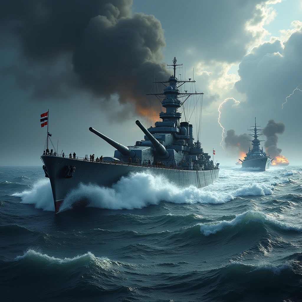 The World War II German battleship Bismarck, sailing in a rough sea with a dark, cloudy sky, engaging in a fierce battle against the British battlecruiser Hood., (work of art:1.2), best qualityer, high qualiy, high resolution, (hyper detailled), detailed back ground, commemorative photograph,