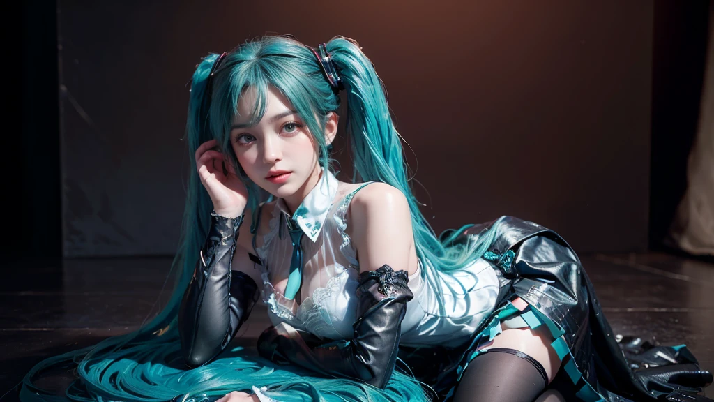 masterpiece,Game Art,Best picture quality,Maximum resolution,8k,(Upper Body,ambush),Unreal Engine 5 rendering works,Ray Tracing,RAW photos,(((Hatsune Miku Character))), (((Tosca Hair Color))), ((Long double ponytail hairstyle)), Enjoy the scenery, Focus on the Horizon, (((Perfect eyes))), (((Smile))), 21-year-old girl, Perfect body, (((Perfect anatomical structure))), Tosca Eye Color, Double eyelids, (((Small breasts))), Very detailed skin texture, (Realistic skin), Ultra-fine face, Delicate lips, (((Delicate eyes))), (((Double eyelids))), necklace, Moist skin, Wet hair, Simple background, (Front focus), (On the peaks:1.2), (((Night Atmosphere))), Deep Dark, Surrealist Portraits of Women by David Hockney and Alphonse Mucha, Fantasy Art, (((Photo-realistic))), ((Dynamic poses)), (((World Model Poses))), Dynamic Lighting, Art Station, poster, Volumetric Lighting, Very detailed faces, 4K, in the darkness, (((Night Atmosphere))), ((Deep Shadows)), Low profile, Cowboy shooting, (((Red long skirt))), Lighting Dress, (((Erotic lace dress))), (((stocking))),((3D Unreal Engine)),OC rendering reflection mode