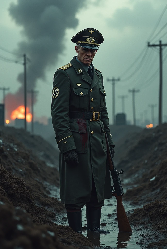 Anime Nazi soldier during cold war in an trench holding a gun wearing an officer hat injured in an very questionable spit