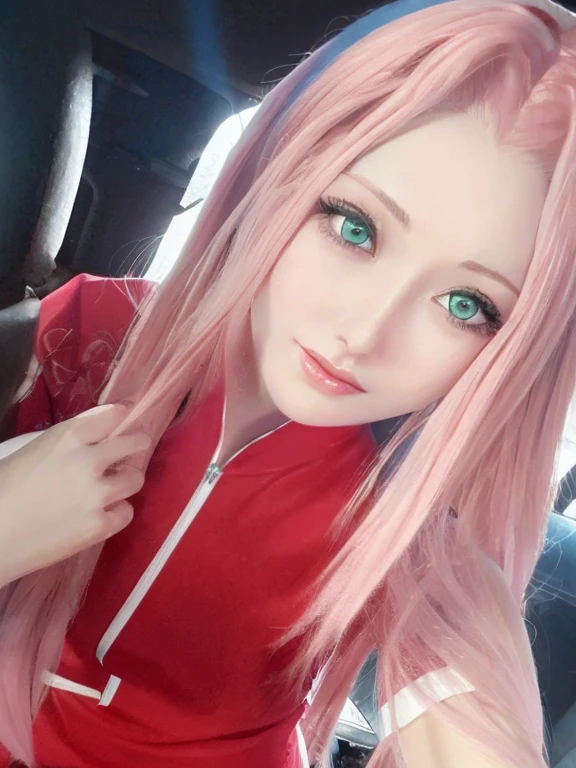 Young, tall woman, slender body, porcelain skin, short pale pink hair, heart-shaped face, wide forehead with a purple rhombus, thin pink eyebrows, large jade green eyes, long eyelashes, buttoned nose, large pink lips , red kimono clothes, black gloves, sword, forest, Sakura Haruno, 3d
