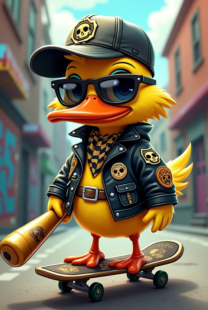 Cute duck,darkside,skull,cartoon,baseball brat in hand,street,gold,mystic
Touch,leather jacket,Baseball Cap,sunglasses,grafitti,scateboard,bandana,punisher