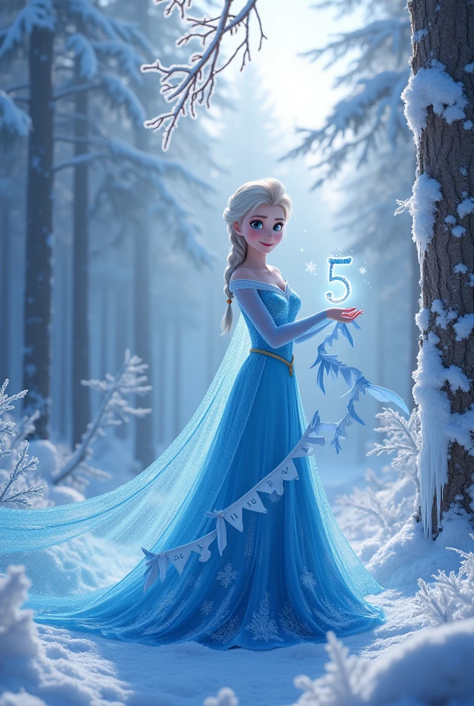 Frozen's Princess Elsa in a frozen forest holding the number 5 and the phrase Happy Birthday Alice below in Spanish