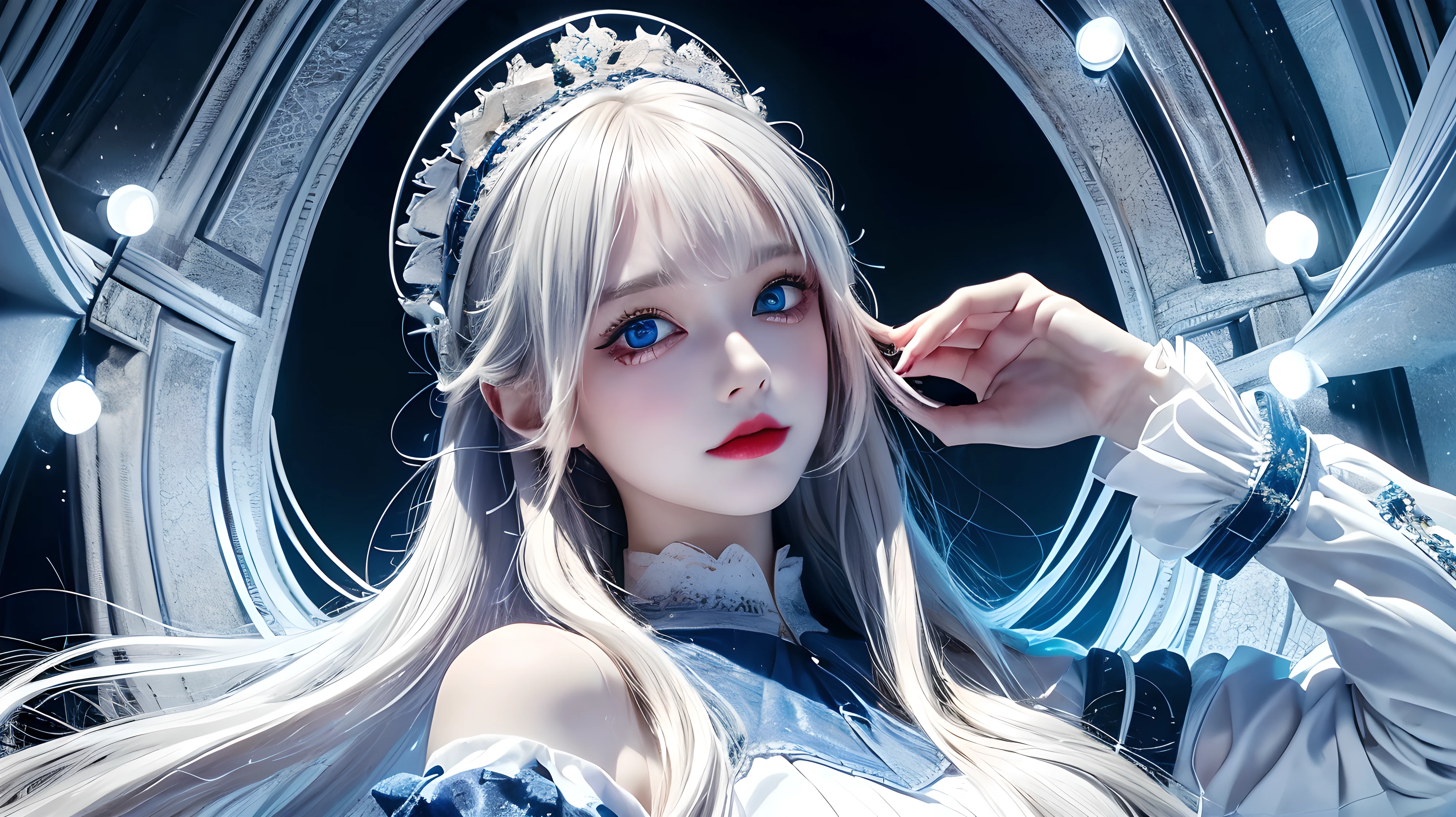 4K quality:1.2,1girl,sense of deps,disorganized,catch light,Super beautiful illustration,((White,long hairstyles:1.3)),dark dark eyeshadow,(((4k,super beautiful,In detail,blue eyes))),bright red lipstick,gothic lolita,;D,beautiful and delicate hair , upper body, from below,