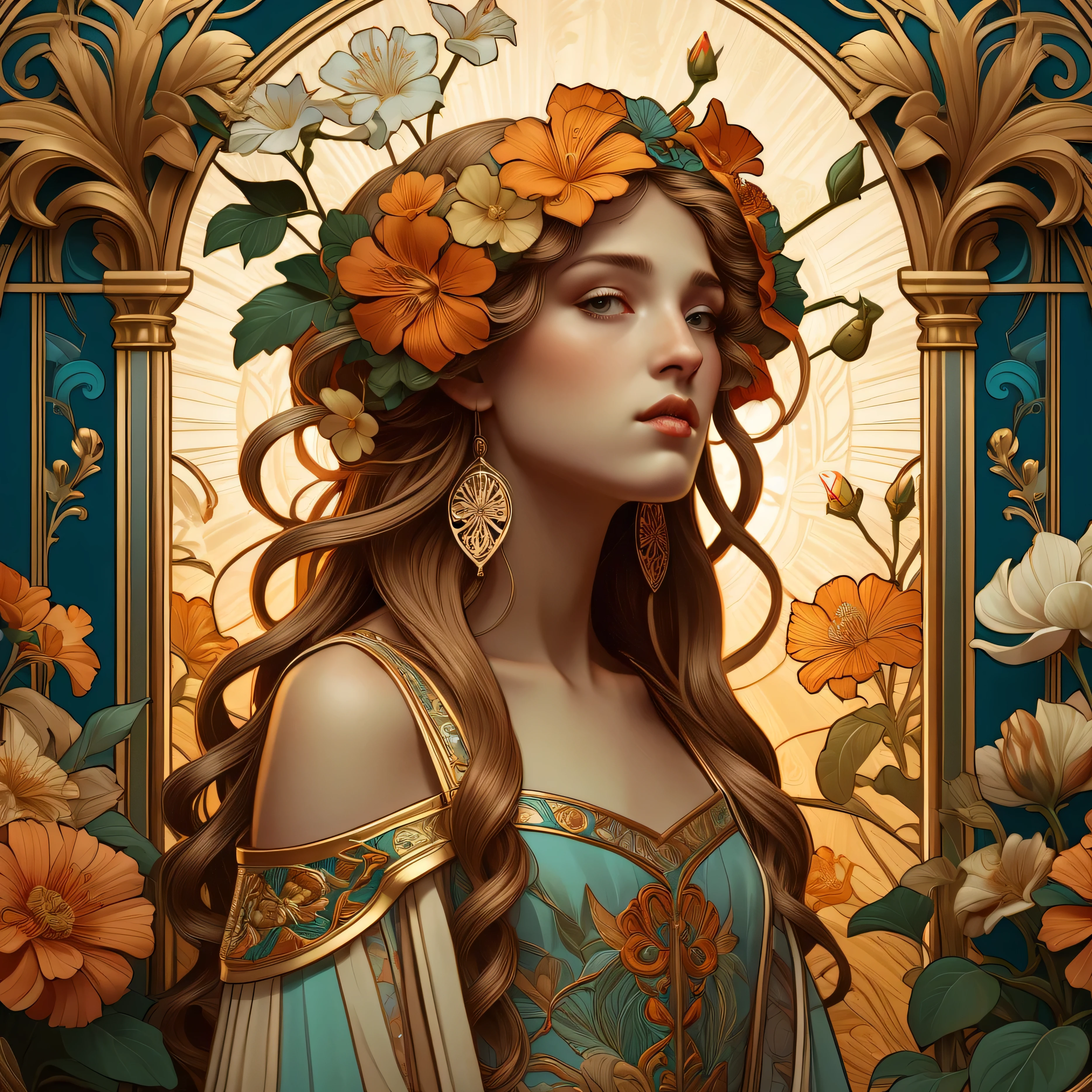 old (Masterpiece, Best Quality, Highres:1.2) Art Nouveau Style Beautiful Woman with Long Hair Shaped as Flowers in the Style of Alphonse Mucha, portrait of a beautiful cute, very beautiful, standing artistically, realistic natural, professional light distribution, very artistic lighting gradation, artistic detail, highly detailed, centered, Nymph-pattern vintage wallpaper with dramatic backlighting casting deep shadows, featuring a meticulously crafted illustration inspired by Dan Mumford and Alphonse Mucha, hyper-realistic and photorealistic textures, extremely detailed with intricate floral and foliage elements, octane rendered in 8K (extremely detailed 8k wallpaper), Golden ratio, hidden ancient Greek symbols (, Spiral), balanced design, color harmony, Vernis Martin, golden, ancient mythology, artistically twisted edges, reminiscent of old-world craftsmanship with a contemporary edge, volumetric lighting, ultra fine details, floral, .Roman clothing. She wears a dress with thin straps, Roman dress, Open Chest and elegant embroidery, Oriental accessories.
