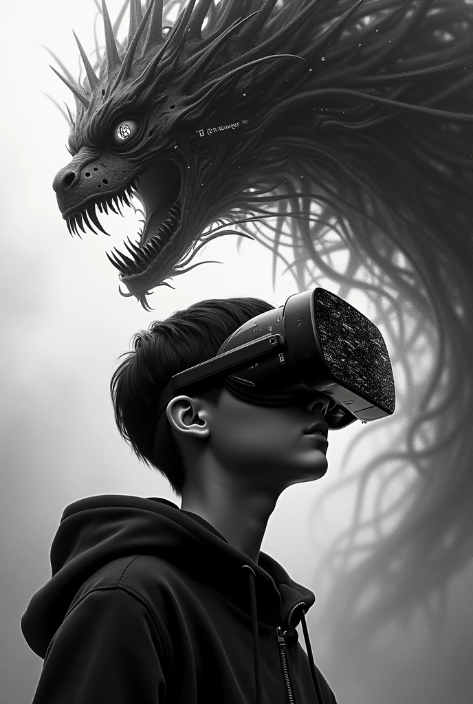 Create a poster for a movie, where the protagonist is a VR glasses user, but your life is put at risk, when glasses users enter a game and can no longer exit, now he has to solve this dilemma, don't use colors in the photo, mark the lines of the photo well, the film takes place inside a game, but remember, it is necessary to highlight the main character, photo realist, add a villain to this story, the villain can't be human, the background scene should be a game, codes in the background