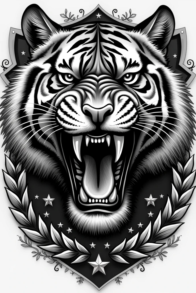 saber-toothed tiger、long fang、symbol、Biker Patch、black and white、vintage style、(t-shirt design)、Masterpiece volumetric light,emblem