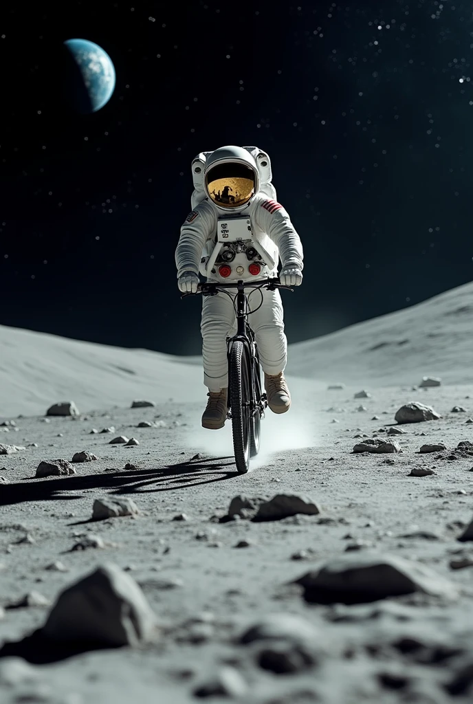 Create a hyperrealistic image of an astronaut riding a bicycle on the surface of the moon. The astronaut, wearing a classic space suit, is pedaling across the lunar landscape with its gray, rocky terrain. The scene plays with light and shadow, with sharp contrasts between the brightly lit lunar surface and the deep, inky blackness of space.
In the foreground, the astronaut's face is partially visible through the reflective visor of the helmet, where the Earth and distant stars are faintly mirrored. The bicycle, designed with a rugged yet functional look, appears almost surreal in this otherworldly setting. Depth of field is used to enhance the sense of distance, with the lunar horizon and a few scattered rocks in soft focus.
The overall image should capture the serenity and vastness of the lunar surface, contrasted with the whimsical and unexpected presence of a bicycle, evoking a sense of wonder and exploration