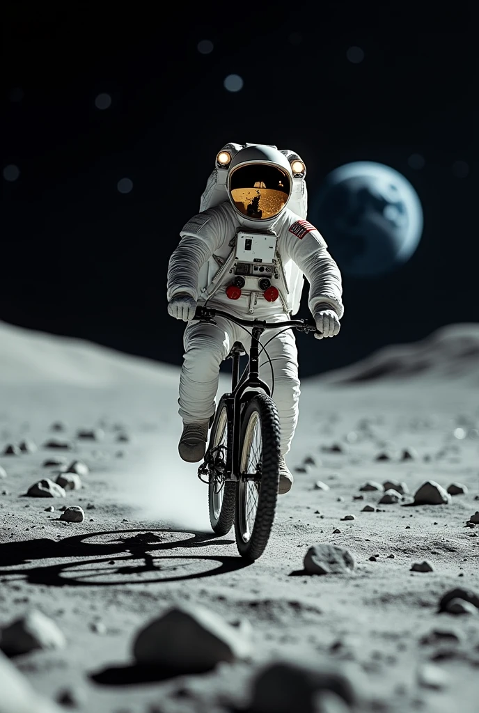 Create a hyperrealistic image of an astronaut riding a bicycle on the surface of the moon. The astronaut, wearing a classic space suit, is pedaling across the lunar landscape with its gray, rocky terrain. The scene plays with light and shadow, with sharp contrasts between the brightly lit lunar surface and the deep, inky blackness of space.

In the foreground, the astronaut's face is partially visible through the reflective visor of the helmet, where the Earth and distant stars are faintly mirrored. The bicycle, designed with a rugged yet functional look, appears almost surreal in this otherworldly setting. Depth of field is used to enhance the sense of distance, with the lunar horizon and a few scattered rocks in soft focus.

The overall image should capture the serenity and vastness of the lunar surface, contrasted with the whimsical and unexpected presence of a bicycle, evoking a sense of wonder and exploration