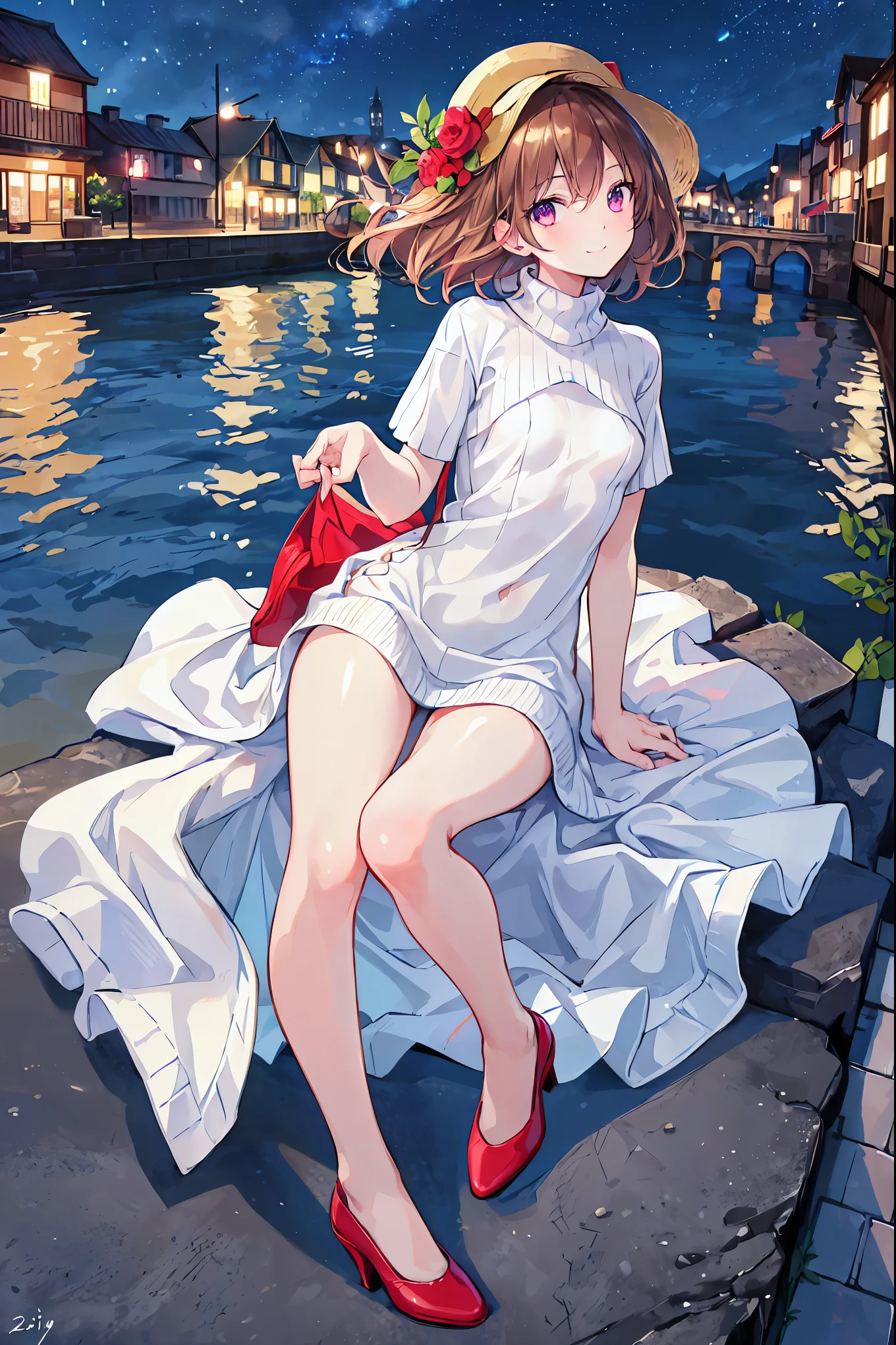 (masterpiece, Highest quality:1.1), (8k, RAW Photos, Realistic:1.2, f22), (Glowing Skin), Detailed skin,Brown Hair,Shortcuts,Slender beauty,Fluffy hair,Detailed face, Detailed eyes,smile,Cityscape,Night view,One person, whole body,(Short sleeve,sweater,)break, Small breasts,Flat Chest,Less exposed skin,Slender beauty,Looking up,whole bodyが見える,Red pumps