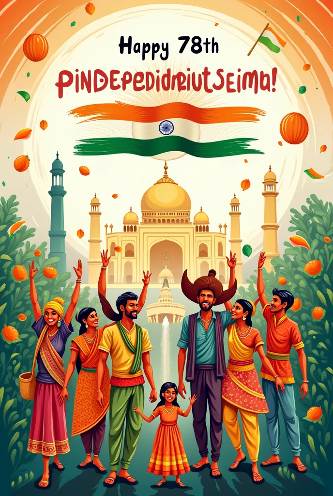 Colourfull indian independace day poster which shows the diversities, cultures, harmony of india. Also show the journey of india in the 77 years after independace. Honor The strugle of freedom fighterswith happy 78th independace day text