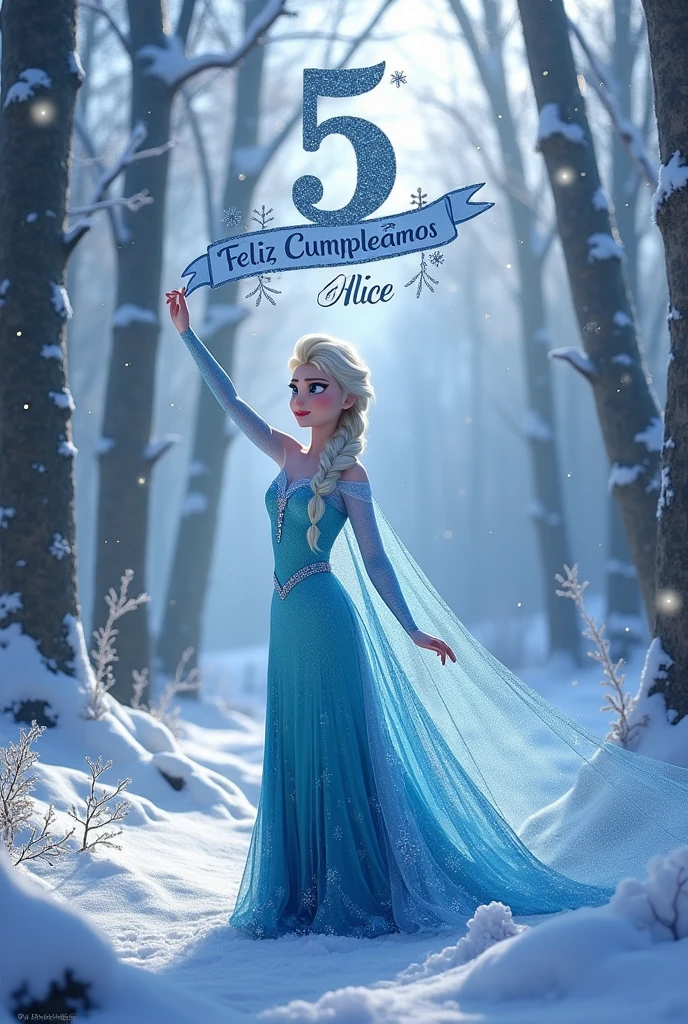 Frozen's Princess Elsa in a frozen forest holding the number 5 and the phrase Happy Birthday Alice below in Spanish