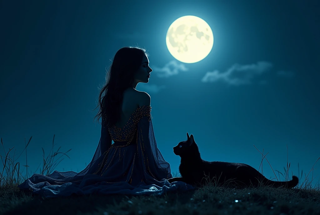shadow girl sitting with a background of a full moon with a cat in a color of black and blue and yellow