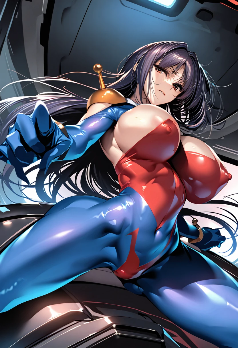 Neck ribbon,Perfect hands, Perfect Fingers,Perfect Anatomy, masterpiece, Highest quality,Anime Style, 16k hdr,One person, Large Breasts,Erect nipples,Blue Hair, Straight Long Hair,Mobile Trace Suit, Shoulder Armor,(Red and blue bodysuit:1.4),Sexy pose, Upper Body, cockpit,From below,Spread your legs,(Emotionless:1.4,Hollow Eyes:1.2,