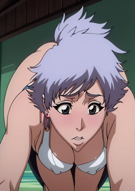 masterpiece, Very detailed, Beautiful white skin with a pinkish tint大きな胸, Too big breasts,sexy short cut, cute,Subjective,Shiny skin, Troubled face,Peeking into this,Light blush, Stick your butt out,whole body,Swimwear, camel toe, crawl on all fours, areola, smack