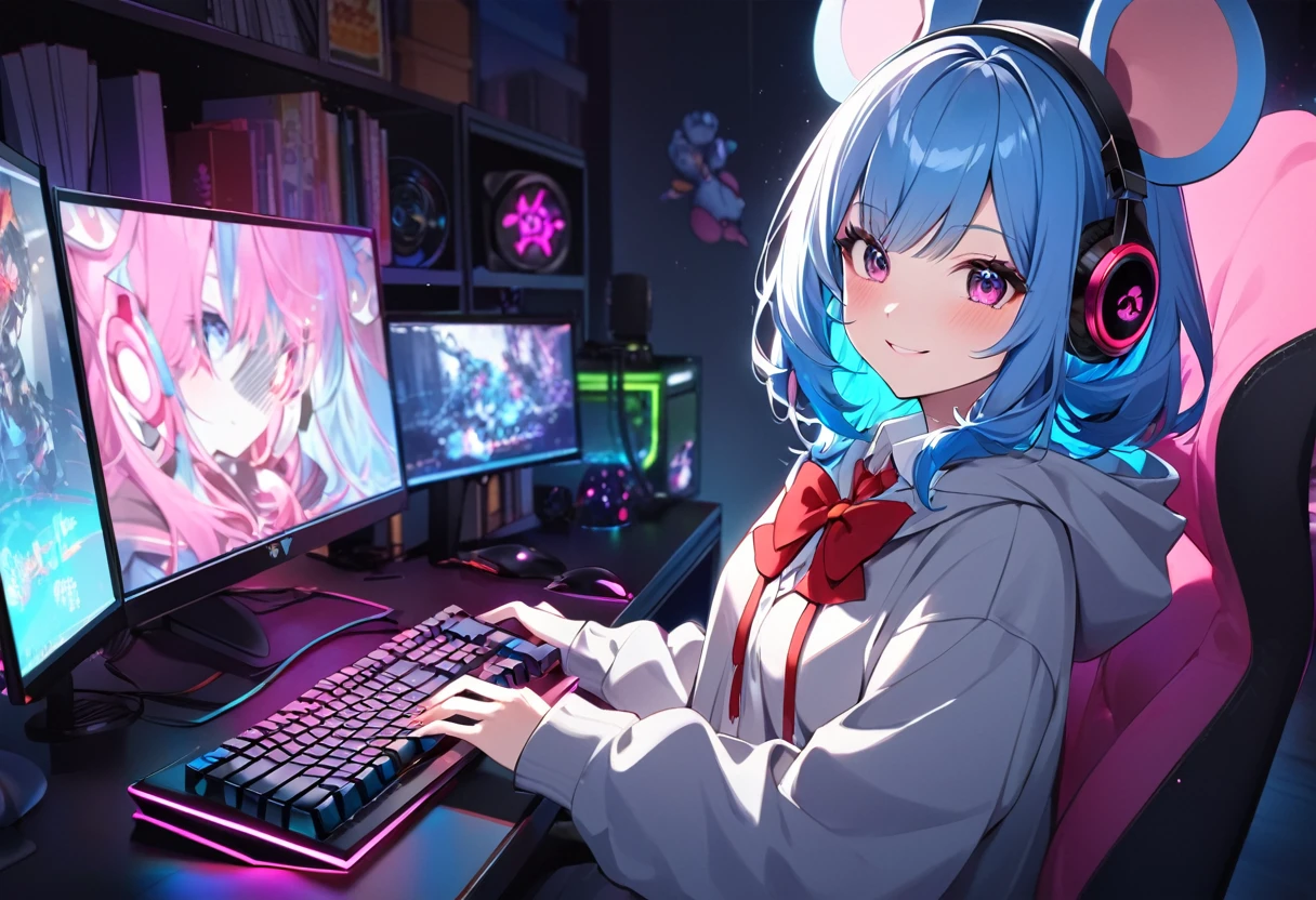Blue Hair Girl、Hoodie with hood、{gray hoodie, hood up,Hoodie with big mouse ears}、High School Uniform、{White collared shirt、Red bow tie},smile、Dark Room、Using a gaming PC、Headphones、Desktop type gaming PC with visible internal structure illuminated by neon lights、