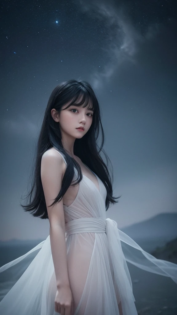 Delicate and dainty young woman with shiny black hair . She is wearing bright grey. The background is a fantastic and ethereal night sky that seems to be haunted by a specter. Her expression is stern and atmospheric. Angle from directly below.