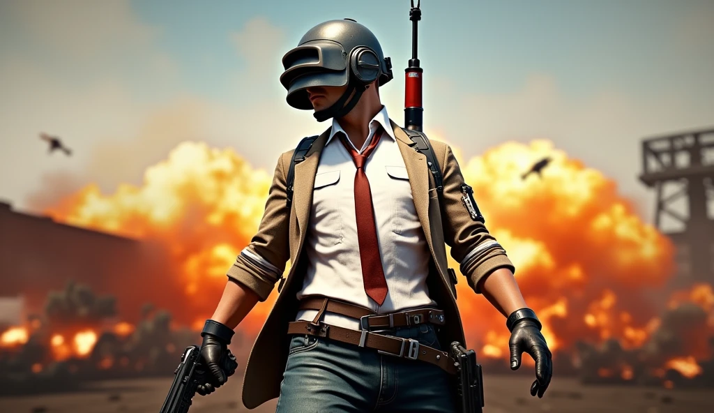 Mr. Bean, in his 2019 comedic style, is hilariously thrown into the intense battleground of PUBG. Dressed in his signature brown tweed jacket and red tie but fully equipped with mismatched military gear, including an oversized helmet and a frying pan strapped to his back, he stumbles awkwardly through the chaotic environment. The scene is filled with action as explosions go off in the background, and other players engage in fierce gunfights. Mr. Bean, however, fumbles with his weapon, accidentally drops grenades, and makes exaggerated facial expressions of confusion and panic. Amidst all the seriousness of the battle royale, his clumsy actions and quirky antics stand out, adding a comedic twist to the otherwise high-stakes, action-packed atmosphere. The scene blends humor with action, turning a battle zone into a comedic adventure