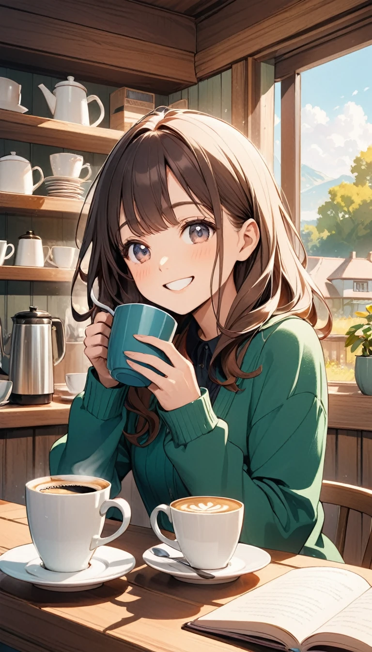 house, novel style, happy girl taking one coffee