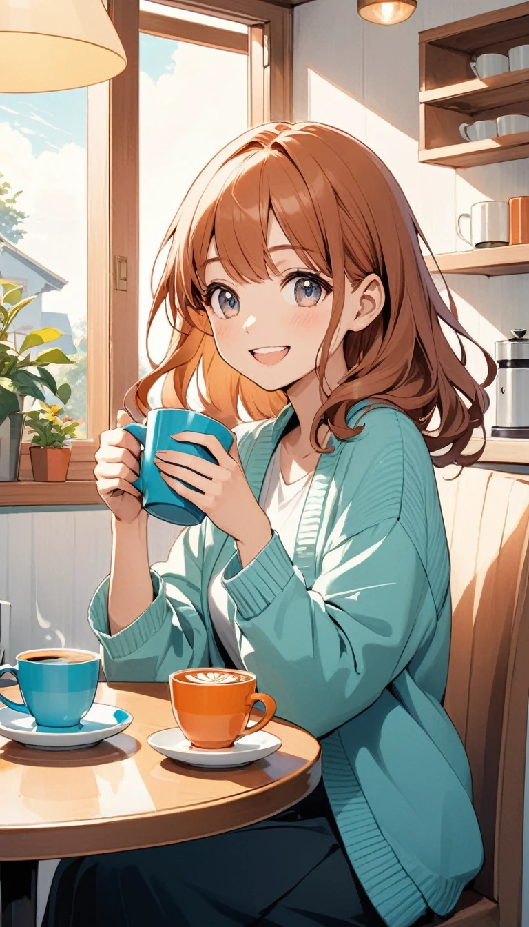 house, novel style, happy girl taking one coffee