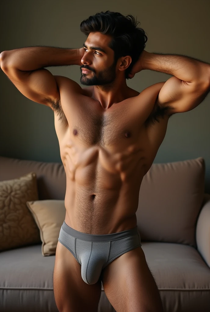 Handsome white Indian man, has his extremely hairy armpits, head tilted toward one arm, looking sideways toward the arm, Hands behind his head. V shaped underwear. Tight underwear. Standing Infront of a sofa. Bulging underwear.