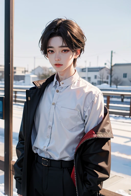 One boy, light brown hair, White skin, 18 years old, super detail, masterpiece, 8k, korean, amazing, Idol, high quality, Refreshing, high quality, androgynous boy, Refreshing, winter, clear, Natural lighting, Make your eyes look more natural, prime, The season of snowfall, High Quality, 한winter, white shirt, black pants, student, broad shoulders