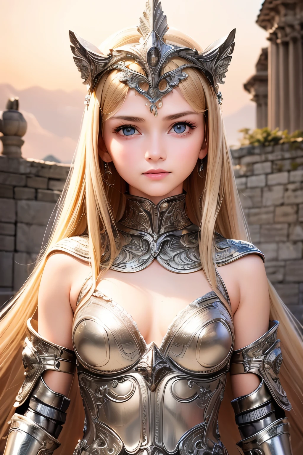 masterpiece,Highest quality,Very detailed,Photorealistic,Pretty Girl Rider,Beautiful blonde,Silver metallic armor with intricate decorations,gem,Soft lighting, girl,Perfect Face,Beautiful and detailed eyes,Big bright eyes,Beautiful Skin,skinny,Small breasts,Dynaamic Angles,Outside the massive stone fortress