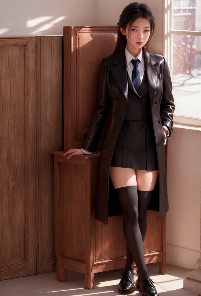 ((masterpiece)), Highest quality, Highly detailed face, Ultra-high resolution, (photoRealistic:1.4), wonderful, In detail, Large file size, Correct Exposure, One person, Slim body, Height: 162cm, (Intricate details), alone, View your viewers, Perfect lighting, Realistic, lips, blush, Glowing Skin, Fair skin,Highly detailed face, Beautiful attention to detail, (Detail Skin:1.2), compensate, Depth of field, ((school uniform, Overcoat,Black Stockings,Leather shoes,)),whole body, Are standing,Sticking out her butt、She is lifting her skirt with her left hand.、White panties are slightly visible、He is sitting with one leg on the chair.