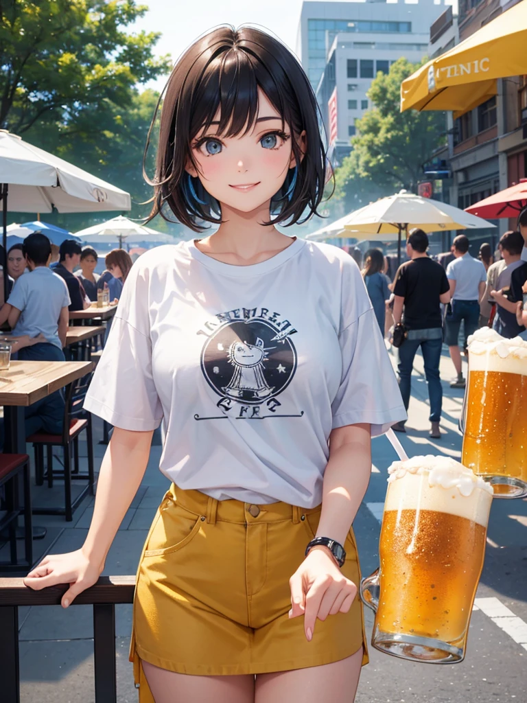 High resolution,Perfect Anatomy,Accurate anatomy,1 person ,Trending Hair,Trending Hair color,Trendy T-shirt

Sunshine bright, refreshing summer open-air cafe, Cheerfully holding a frosty mug of draft beer in both hands. she is smiling brightly, Her face shining with happiness. The girl has short black hair, Properly styled, and、Stylish light-up accessories, etc.、A casual outfit with a touch of futuristic elements. The atmosphere around her is warm, Vibrant, and満ち溢れる喜び.
