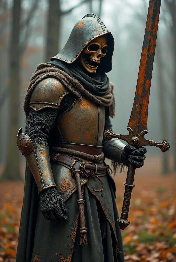 a scarecrow knight with a rusty sword