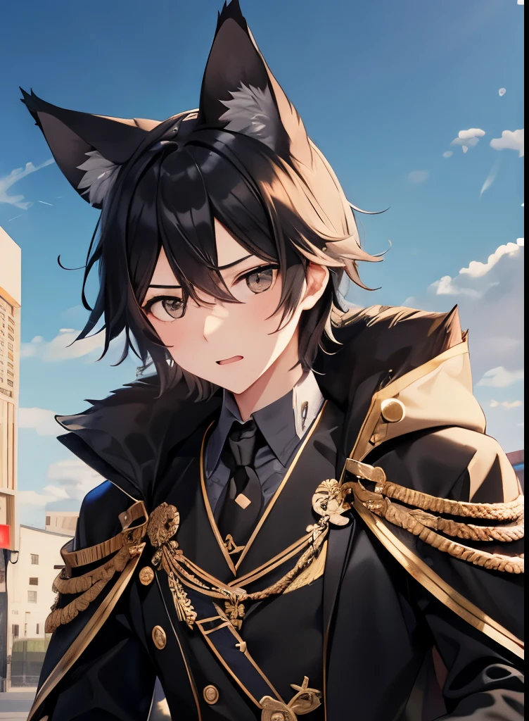 Embarrassed expression, Open your mouth, male, Gray Eyes, Black Hair, Black Wolf Ears,suit