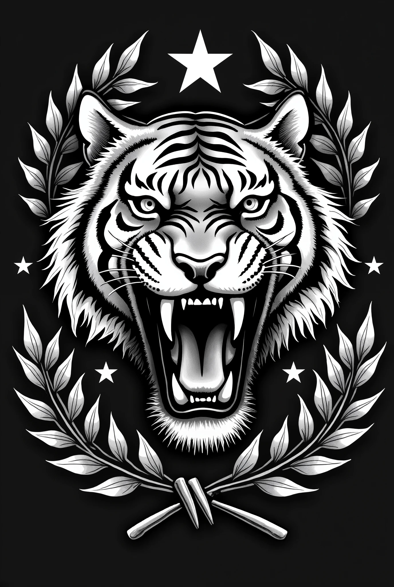 saber-toothed tiger、long fang、symbol、Biker Patch、black and white、vintage style、(t-shirt design)、Masterpiece volumetric light,emblem