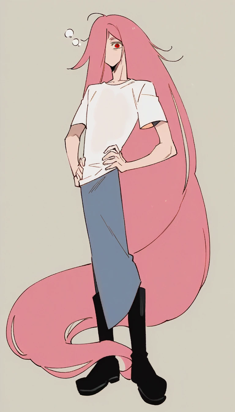 high quality, FHD, man, male, delightful, sleepy, standing, hands on hips, looking at viewer, front view, absurdly long hair, very long hair, side tail, pink hair, red eyes, droopy eyes, fair skin, tall, slim, toned body, long-sleeved t-shirt, coat, boots, 30-year-old, solid beige background, flat background, anime, soft-edged, full body shot, neutral colors, flat colors