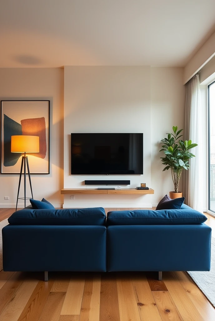 A large room with a sofa, television modern, wood floor, painted walls