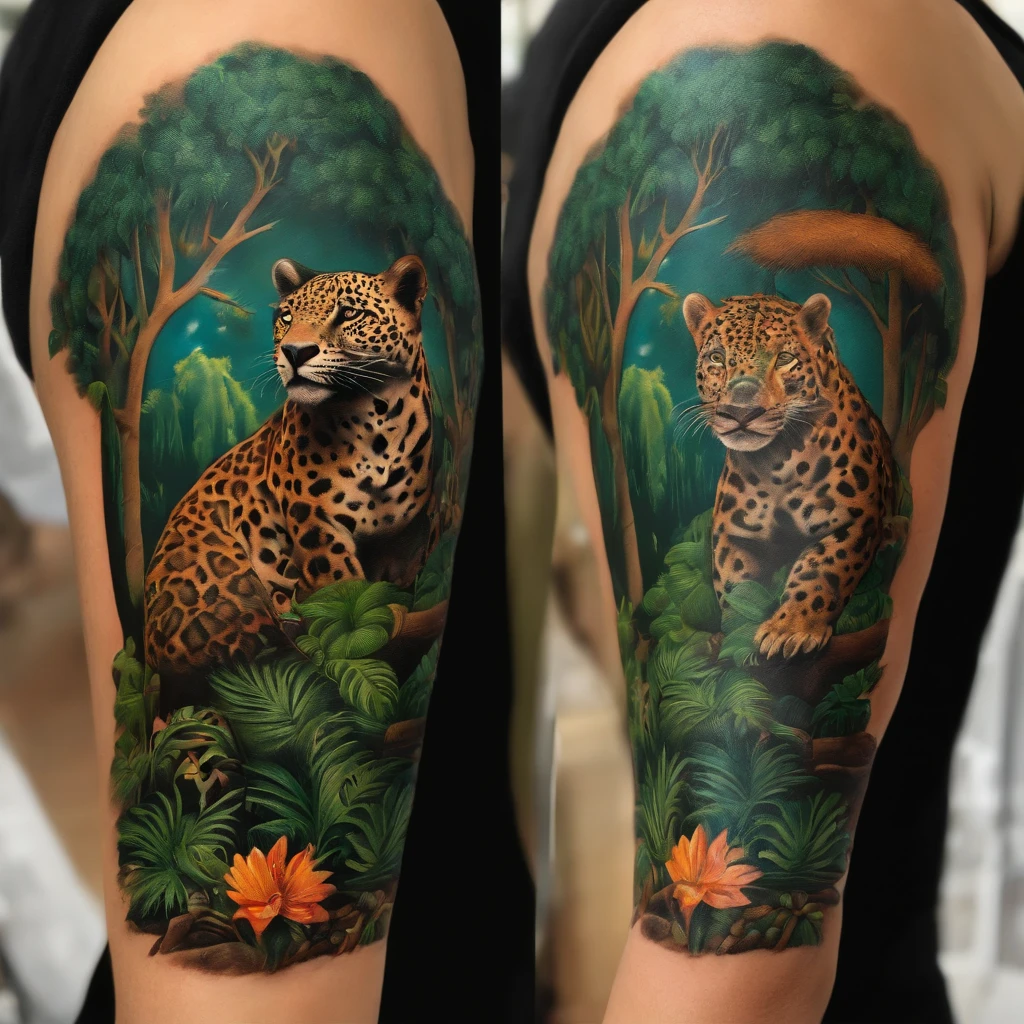 tatoo , upper arm, forest with river, 1 jaguar, 1 sloth,1 jacare , 1 Piranha 