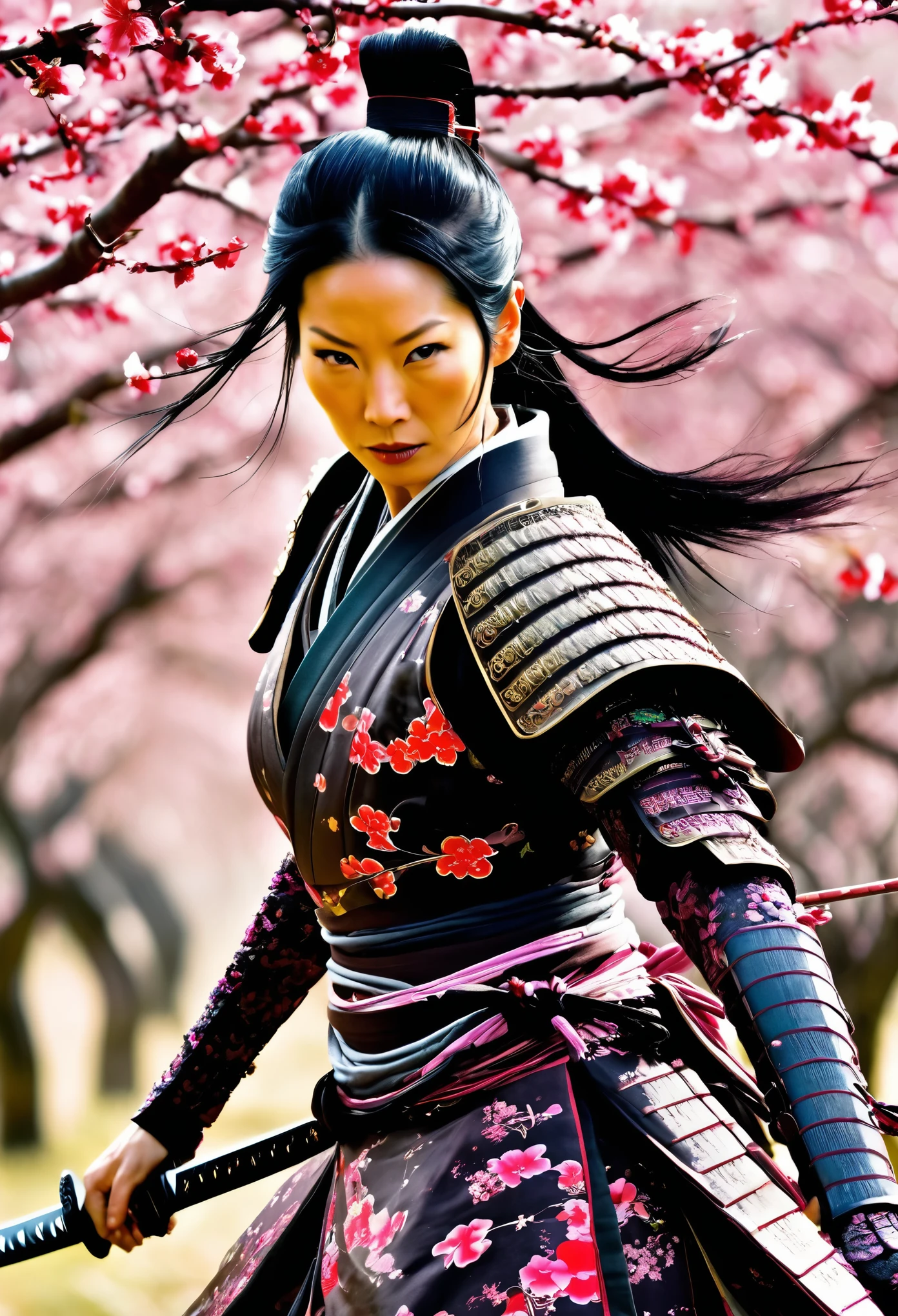 Lucy Liu in feminine samurai battle armor, brightly colored demon themed, dark energy swirls around her, wielding an intricate black bladed sword, she is moving through a cherry orchard, cherry petals falling around her like snow, hateful look on her face, show her from head to toe, show her entire body
